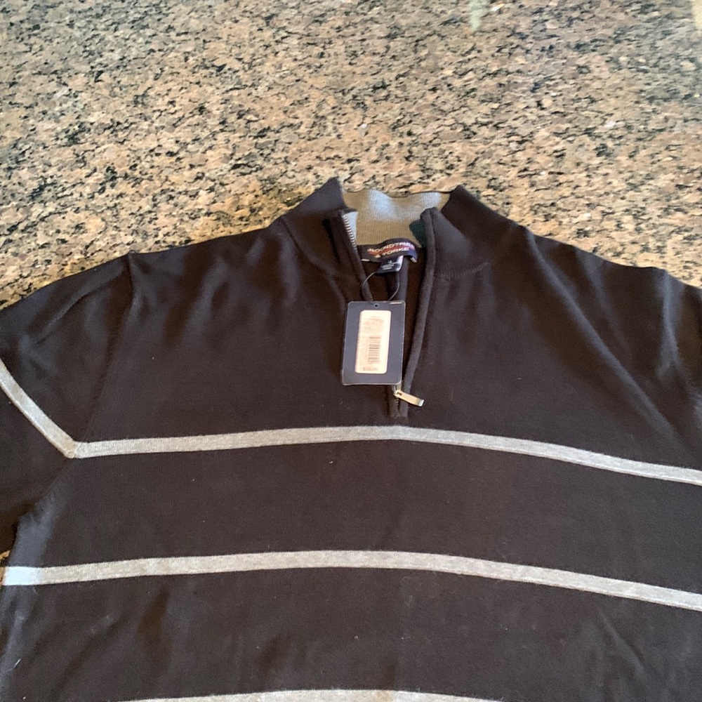 Mens long sleeve black sweater with gray strips